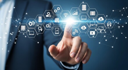 A persons finger touches a digital network of interconnected technology icons