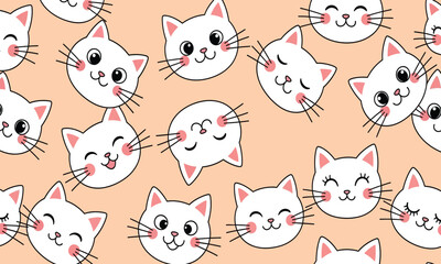 Cute Cartoon Cat Faces Seamless Pattern Vector Background: Happy Kittens, Adorable Pet Animals, Playful Feline Illustration for Kids.
