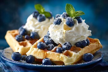 Waffles with whipped cream, blueberries and honey drizzle being poured
