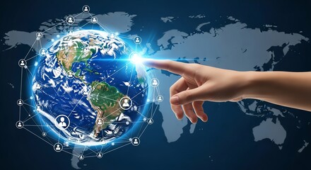 A hand touches the glowing earth, symbolizing global digital connections