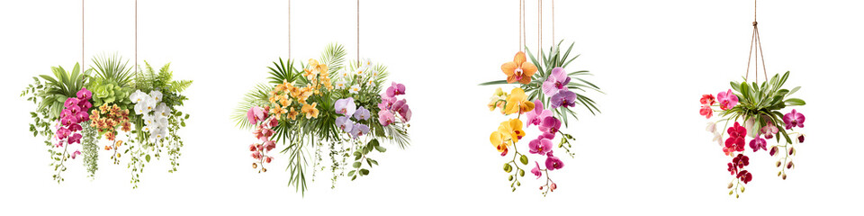 Hanging Flower Arrangements: Orchid Bouquets Isolated on White Background for Decor and Design