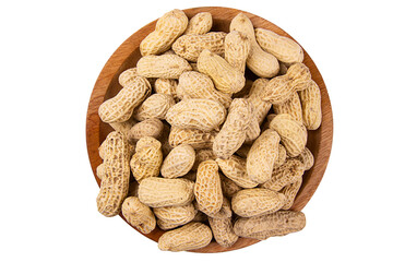 unpeeled peanuts on wooden dish on white background