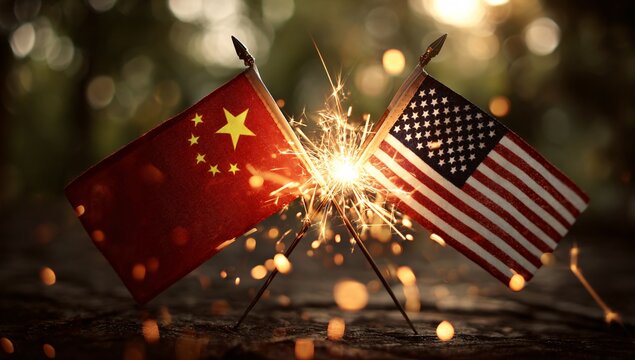 Crossed US and Chinese flags with sparkling fireworks Patriotic symbols on dark background