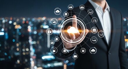 A businessman touches a glowing cloud icon surrounded by digital service icons against a city night background