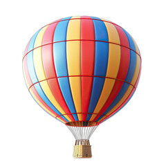 Fototapeta premium A vibrant hot air balloon with red, blue, and yellow vertical stripes, a gold-toned basket, and visible burner at the bottom against a black background