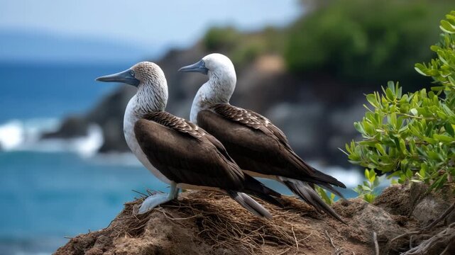 Two blue-footed boobies are standing on a cliff, overlooking the vast ocean, representing a scene of calm beauty