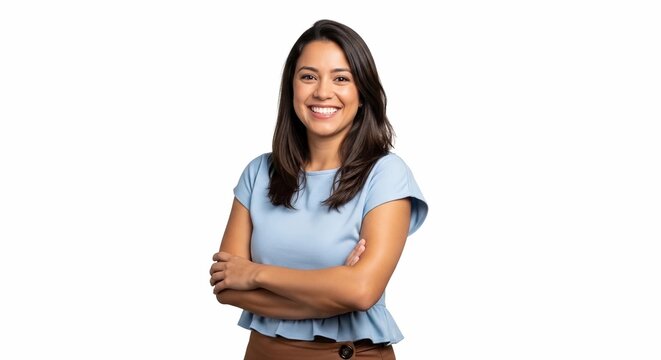 Confident Young Indian Woman with Crossed Arms – Determined Portrait Isolated on White Background


