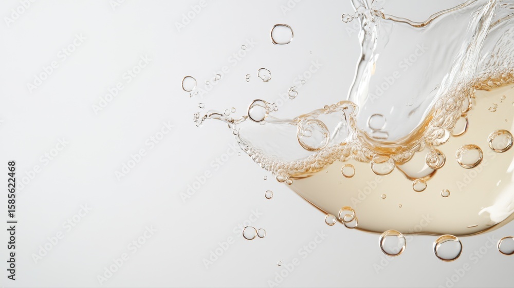 Poster dynamic splash of sparkling golden liquid with bubbles splash liquid sparkling golden dynamic drink