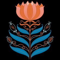 A lotus flower with orange and pink petals, and light blue tendrils and decorative leaves.