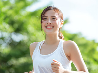 Fototapeta premium 青空の下でランニングを楽しむ笑顔の日本人女性のアクティブな姿