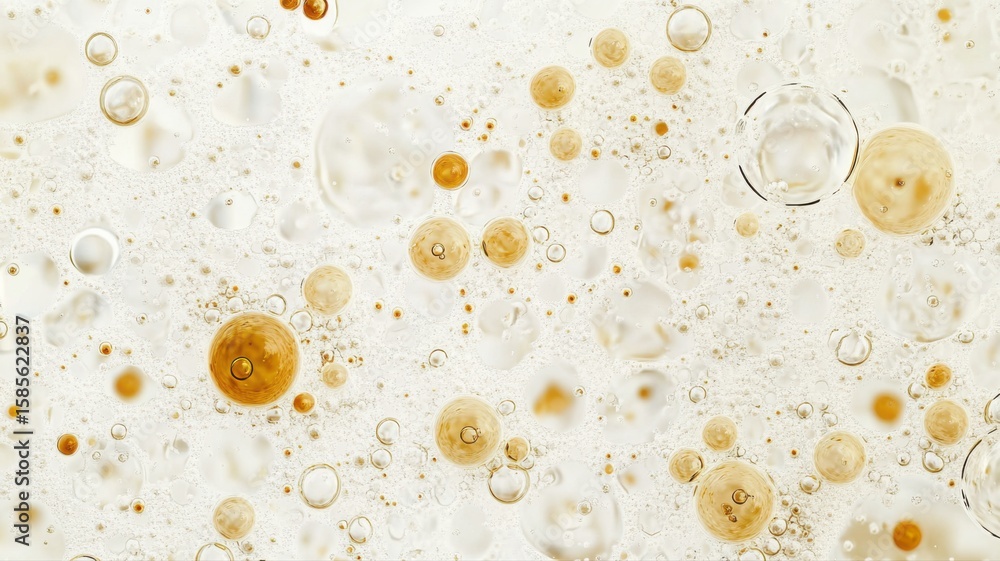 Poster abstract macro of bubbles and golden droplets in white liquid emulsion abstract macro bubbles liquid