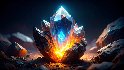 A multifaceted, glowing crystal emerging from a dark rock formation, with a vibrant light radiating from within