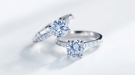 Fototapeta premium Elegant diamond rings with brilliant stones, showcasing exquisite craftsmanship and sparkle on a soft, reflective surface.