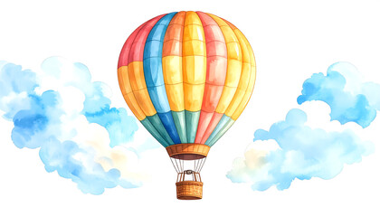 A hand-drawn digital artwork of a colorful hot air striped balloon gently rising amidst soft blue watercolor clouds