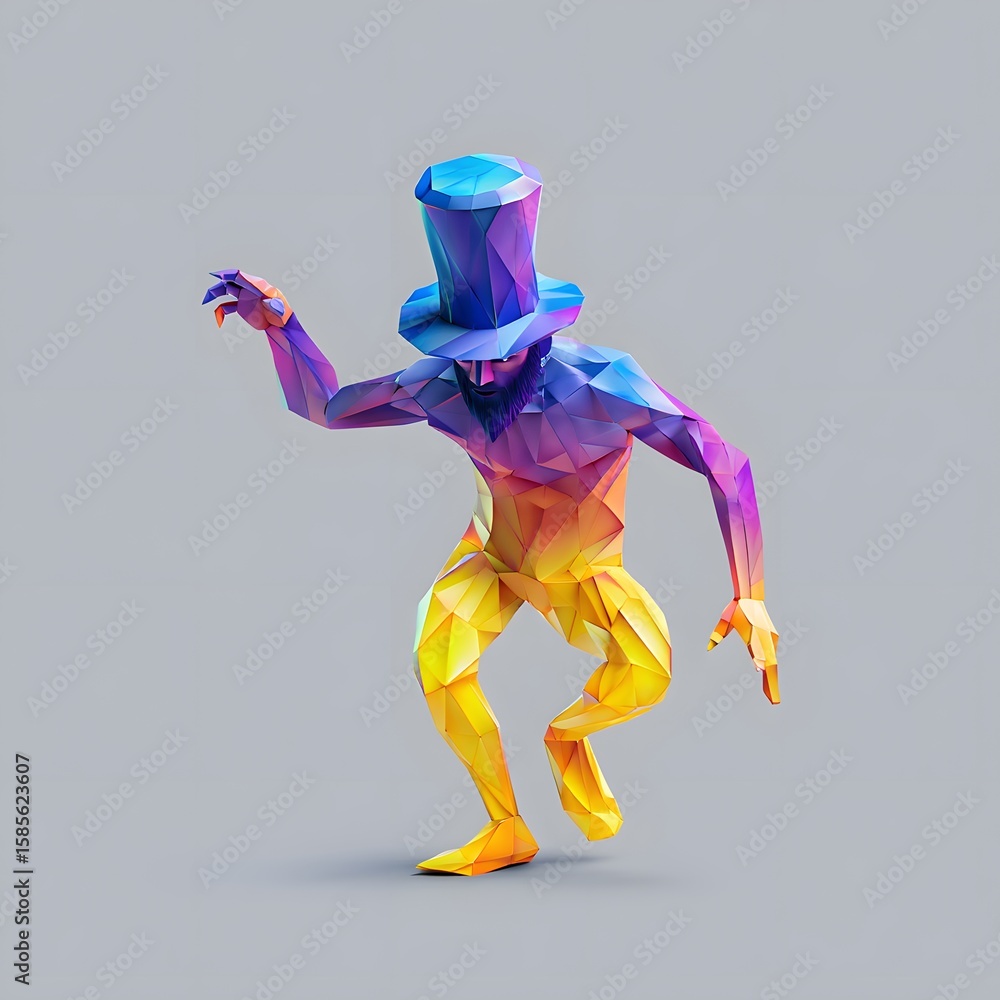 Poster abstract polygonal man in top hat digital art generative ai colorful low poly illustration 3d render