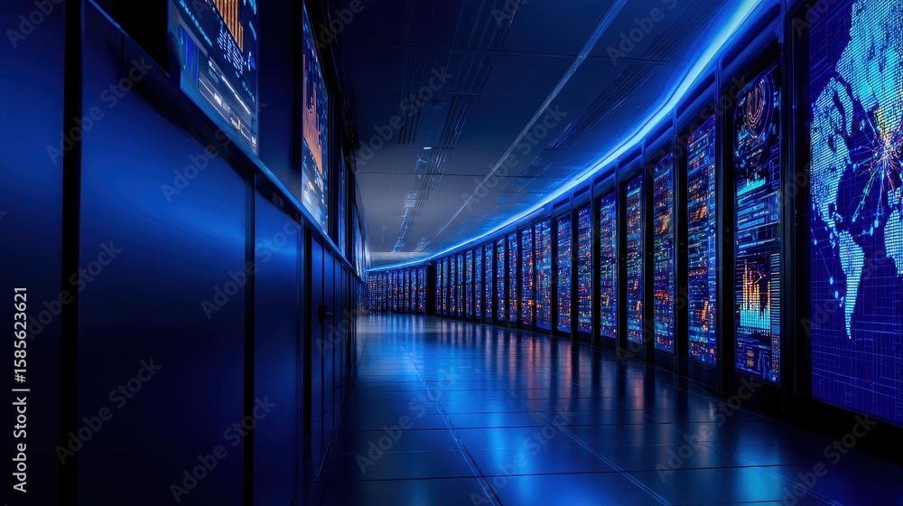Poster futuristic data center corridor with illuminated screens displaying global information