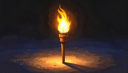 A moody digital painting of a lone torch glowing warmly in the complete darkness, casting a soft light on the surrounding ground