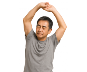 ストレッチをして気持ちよさそうな高齢男性のポートレート