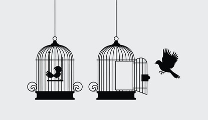 Silhouette of a bird escaping its cage while another bird remains inside