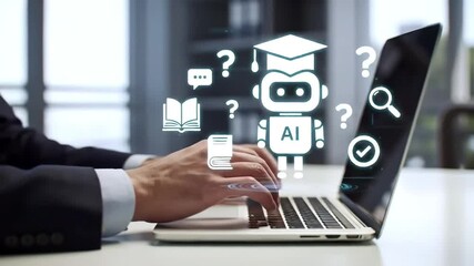 Laptop with AI education graphics, hands typing on keyboard in a professional setting, conveying knowledge and learning through technology - Powered by Adobe