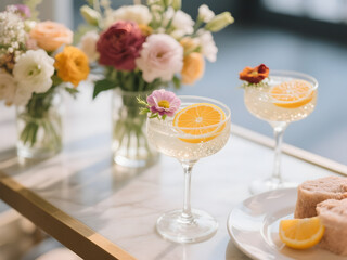 Coup glasses with citrus sparkling drinks topped with edible flowers and orange slices placed on marble table with spring blossoms and sliced cake