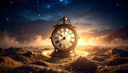 Antique Clock in Desert at Sunrise with Starry Sky