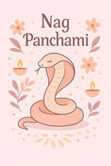 Obraz premium Artistic Nag Panchami Festival Design with Snake, Oil Lamps, Floral Elements, and Decorative Leaves, Indian Celebration Art