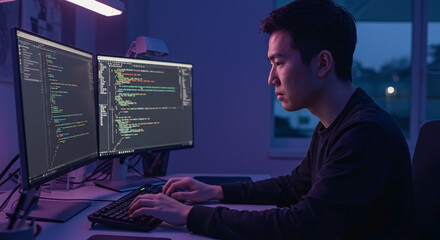 Software Developer Coding at Night with Multiple Monitors