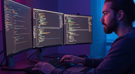 Software Developer Coding at Night with Multiple Monitors