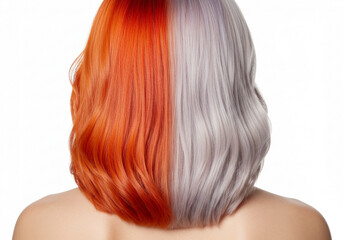 Fototapeta premium Back view of vibrant half orange and half white dyed hair - bold fashion, hair coloring, and transformation concept