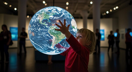Curious Child Reaching for Digital Earth Globe at Science Exhibition