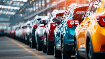 New cars lined up at modern automotive distribution center showcase vibrant colors and sleek design of contemporary crossover and SUV models ready for delivery.