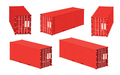 Multiple red shipping containers shown from different angles on a white background