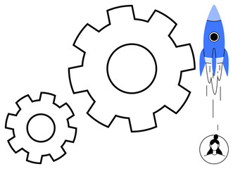 Large and small gears interconnect beside a launching rocket and a person icon. Ideal for teamwork, innovation, progress, leadership, strategy, startup, development. Simple flat metaphor