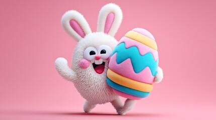 A fluffy bunny holding a giant pastel Easter egg in a joyful cartoon illustration, exuding playful charm.