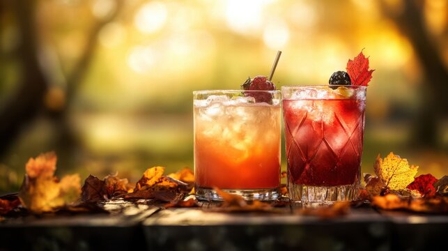 autumn cocktails with ice and berries sit on a wooden table surrounded by colorful fall leaves in golden sunlight