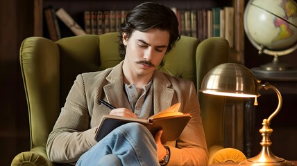 Man Writing in Vintage Journal Under Lamp Light