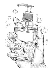 Hand holding pump bottle with liquid and bubbles in sketch style  