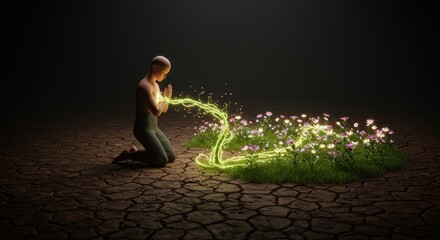 Kneeling Figure Channels Energy to Blooming Flowers in Arid Landscape: A 3D Render of Spiritual Renewal