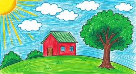 Fototapeta premium Red house green tree sunny day drawing child art