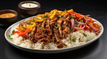 Shredded meat and rice dish with vegetables and sauces.