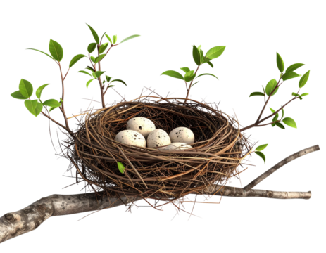 Realistic Bird Nest with Twigs and Eggs in Tree Branch, Side View, isolated on white background
