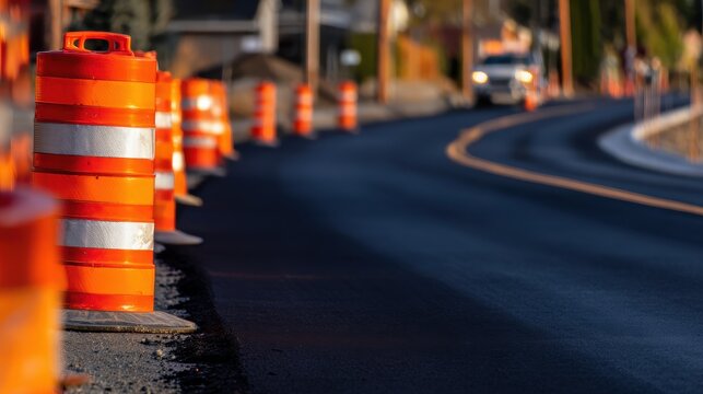 Construction zone with orange traffic barrels lining a freshly paved road in a suburban setting