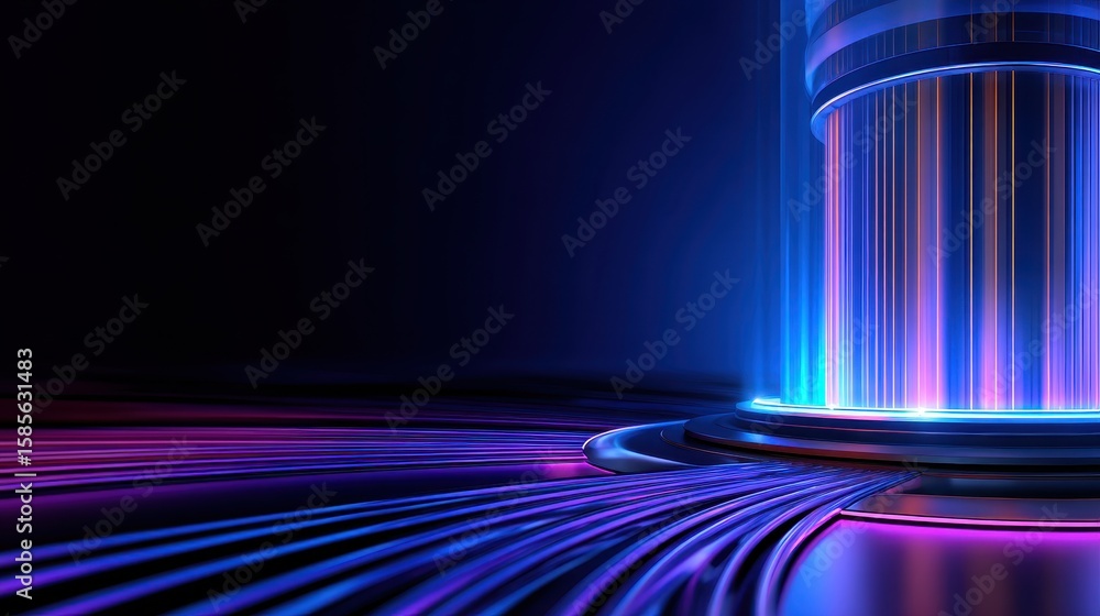 Poster futuristic neon light display illuminating a dark space with vibrant colors and dynamic lines
