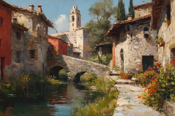 Romantic Oil Painting of a Quaint European Village with River and Stone Bridge.