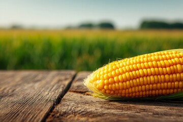 Close up of a fresh yellow corn on wooden table with blur background of a corn farm.