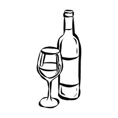 Whimsical chalk doodles of wine glass and bottle. Quirky icons of dinner meals in crayon style. Crayon drawing for menus and invitations. La dolce vita italian vector illustration