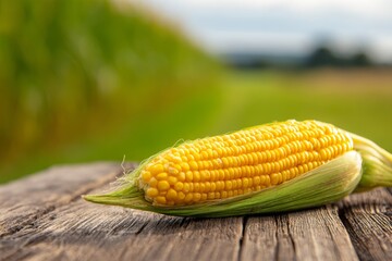 Close up of a fresh yellow corn on wooden table with blur background of a corn farm.