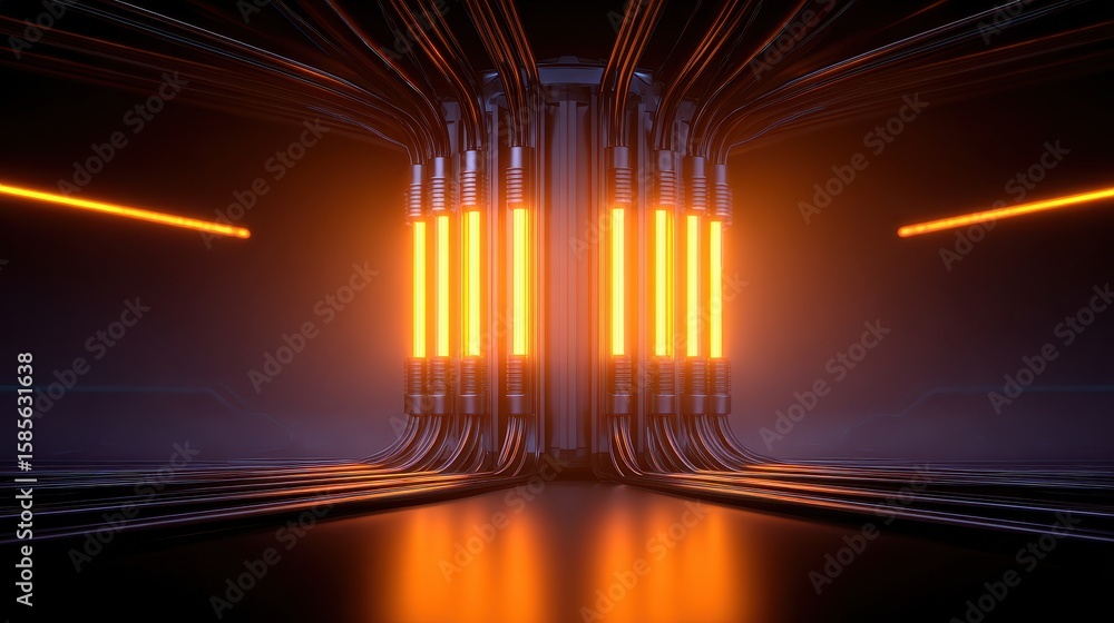 Poster futuristic energy core with glowing elements in a high-tech environment, showcasing advanced technol
