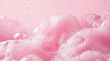 Fototapeta premium pink soap foam and bubbles with a soft pastel background, capturing a playful and fresh aesthetic